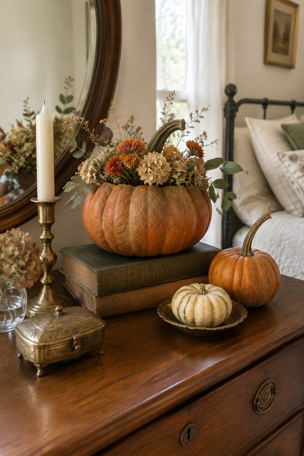 Autumn pumpkin with flowers on books beside brass candle and gourds on wooden dresser