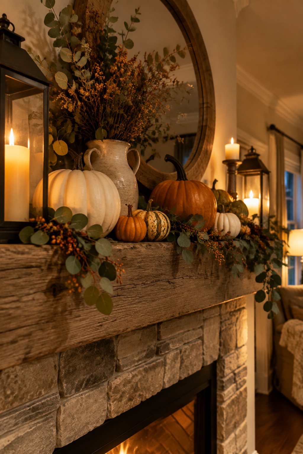 Stone fireplace mantel arranged with white, orange, and striped pumpkins of different sizes, along with greenery and lit candles.