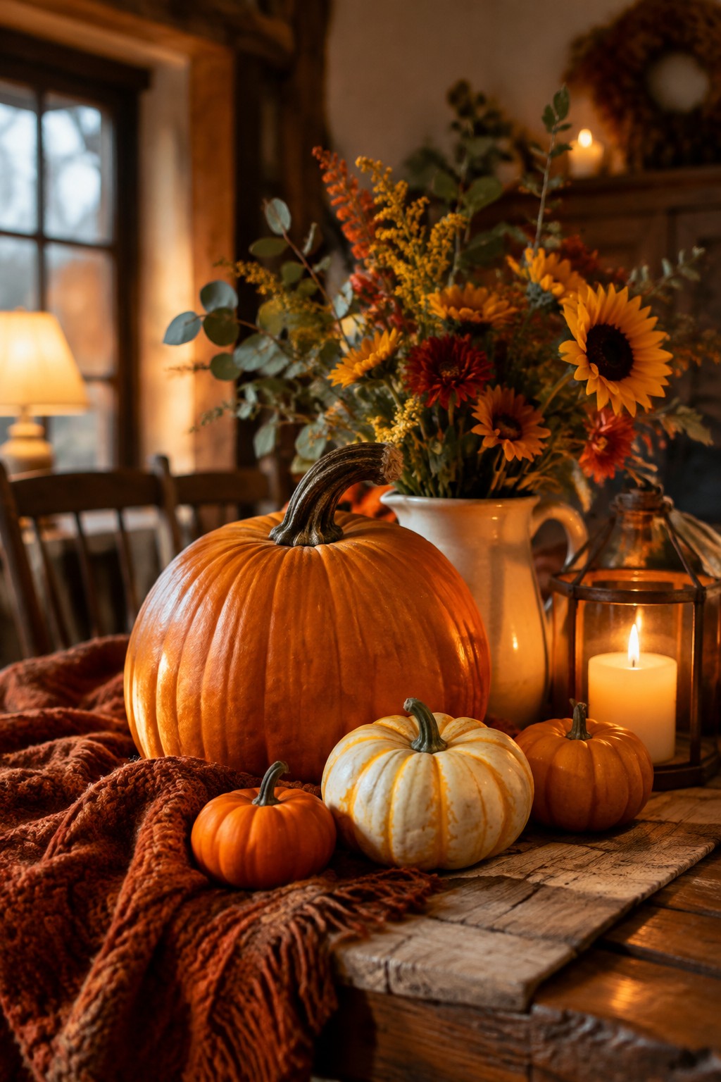 Large orange pumpkin with smaller orange and white pumpkins arranged on a wooden table beside a lit lantern.