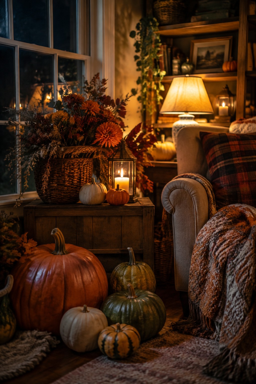 A living room corner showing a large cluster of pumpkins in orange, white, green, and striped varieties arranged on the floor and a wooden chest next to an armchair.