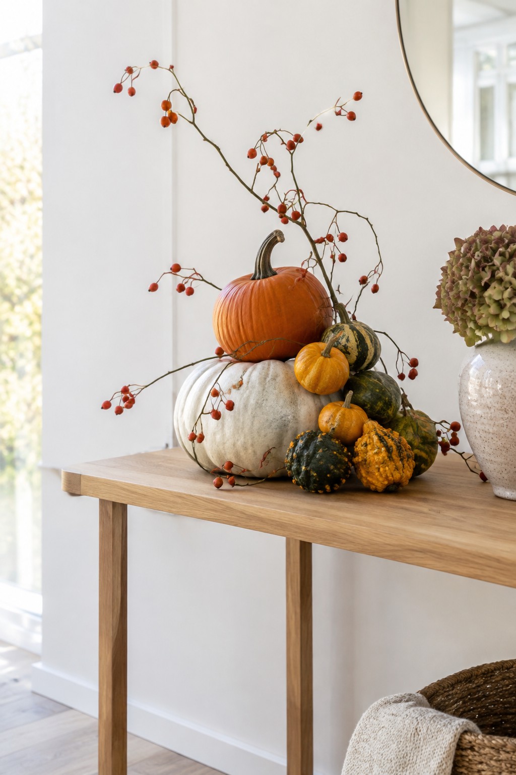 Pumpkins, gourds, and red berry branches on a wooden table with vase