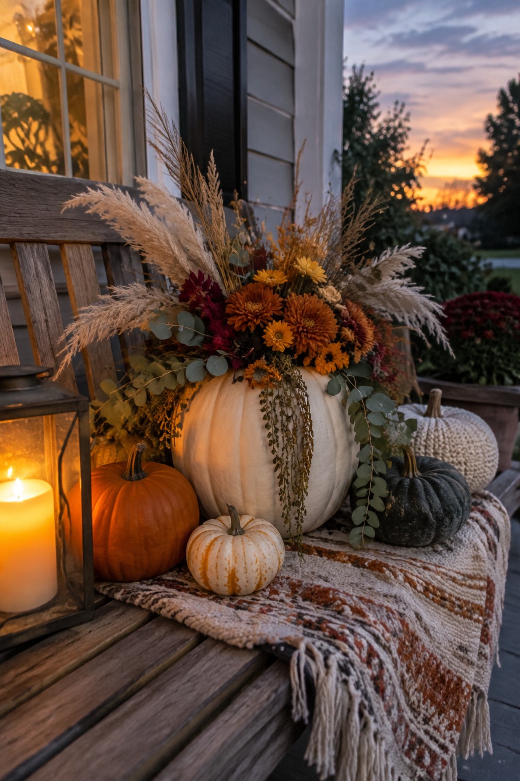 Front porch bench with a large white pumpkin holding an arrangement of pampas grass and orange flowers, surrounded by smaller pumpkins and a lit lantern.