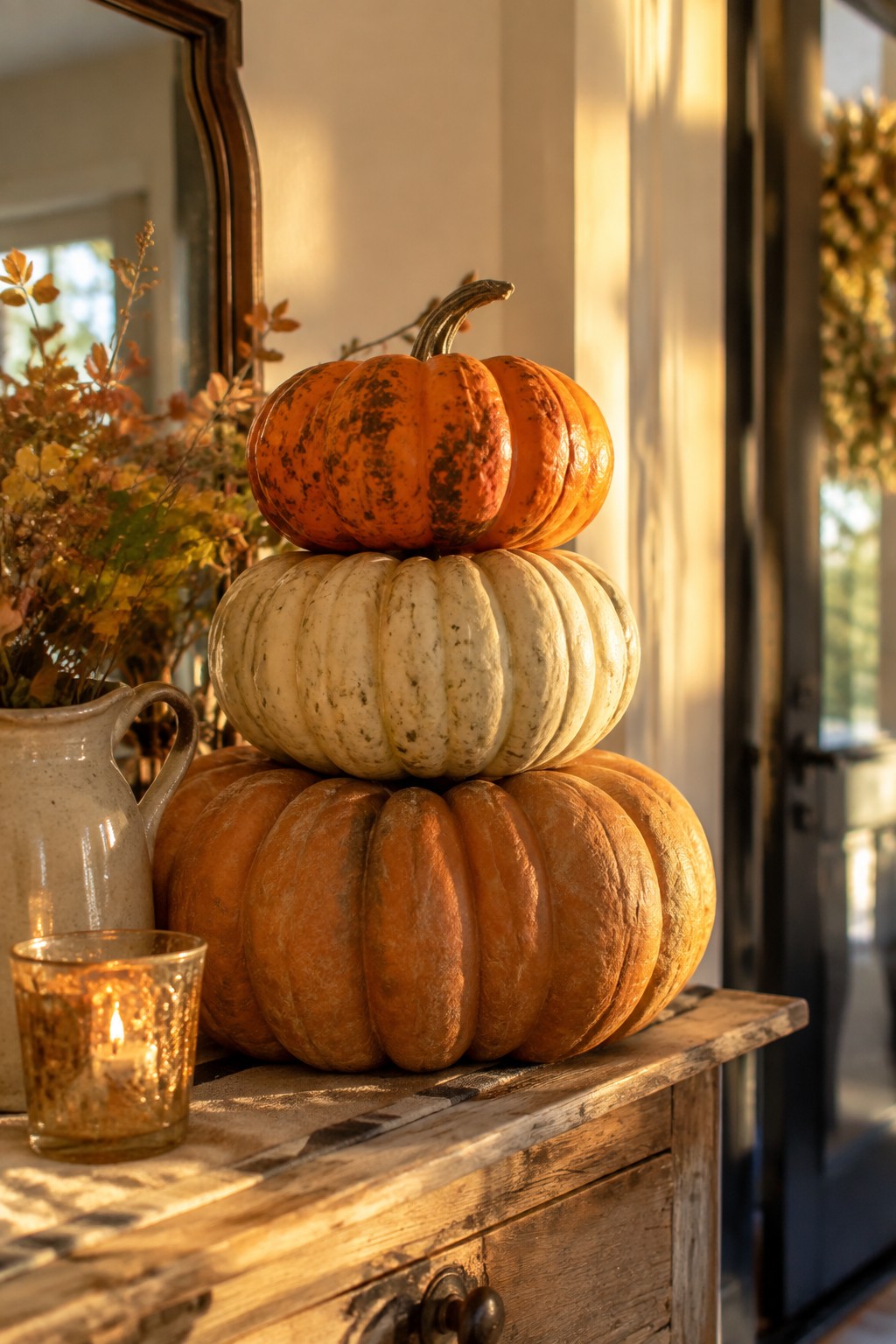 Three stacked pumpkins in orange and white sit on a wooden console table beside a lit candle and autumn branches.
