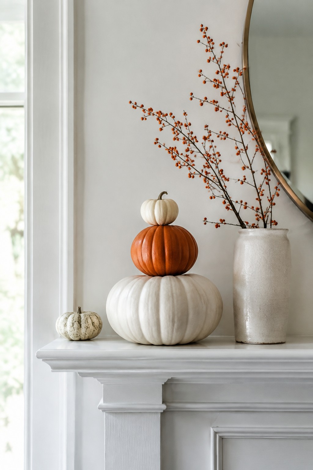 White fireplace mantel with three stacked pumpkins in white and orange, a small speckled pumpkin to the side, and a white vase holding orange berry branches.