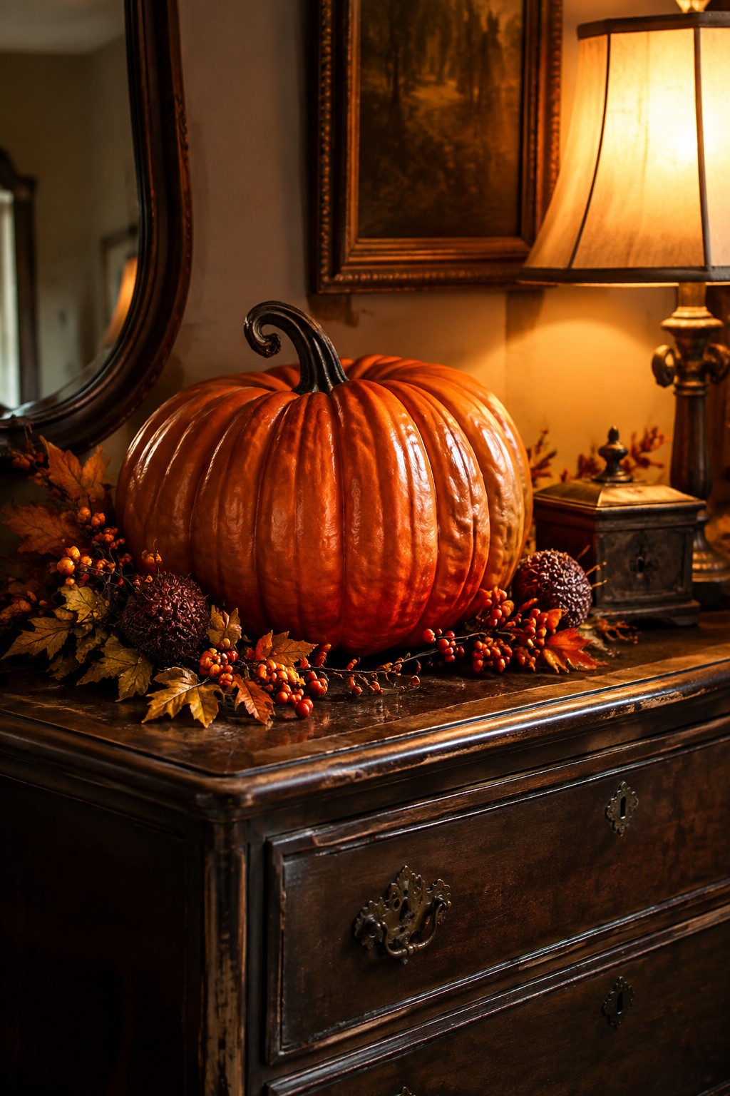 A large orange pumpkin rests on a dark wooden dresser beside a lamp, with a garland of autumn leaves and berries at its base.