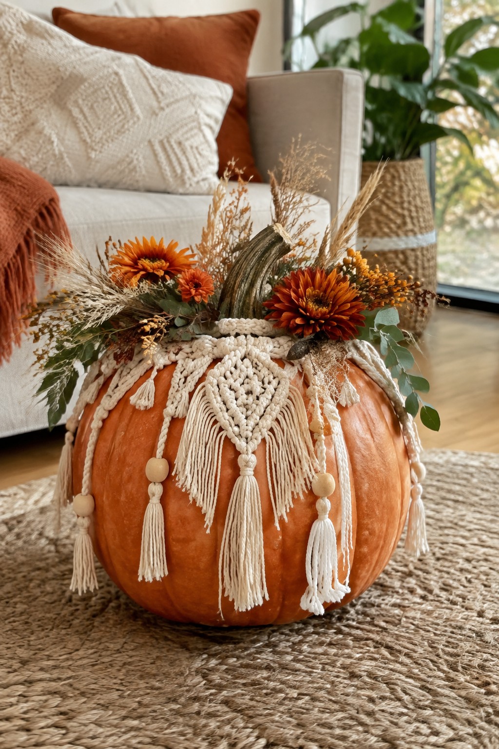 Large orange pumpkin wrapped in cream macrame with tassels and beads, topped with orange flowers and dried grasses on a woven rug.