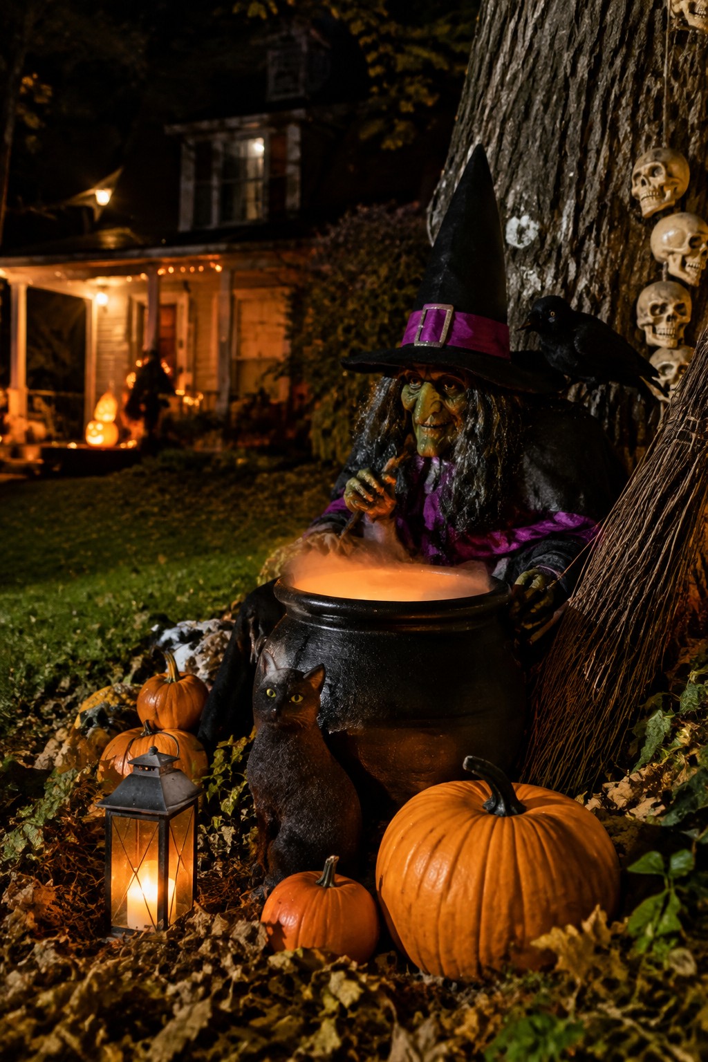 Outdoor yard display featuring a witch figure stirring a glowing cauldron, with a lit black lantern, black cat, pumpkins, and skulls on a nearby tree.