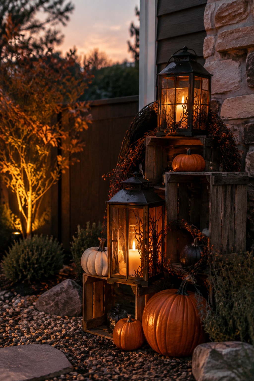 Glowing lanterns and pumpkins on wooden crates beside a stone house at dusk.