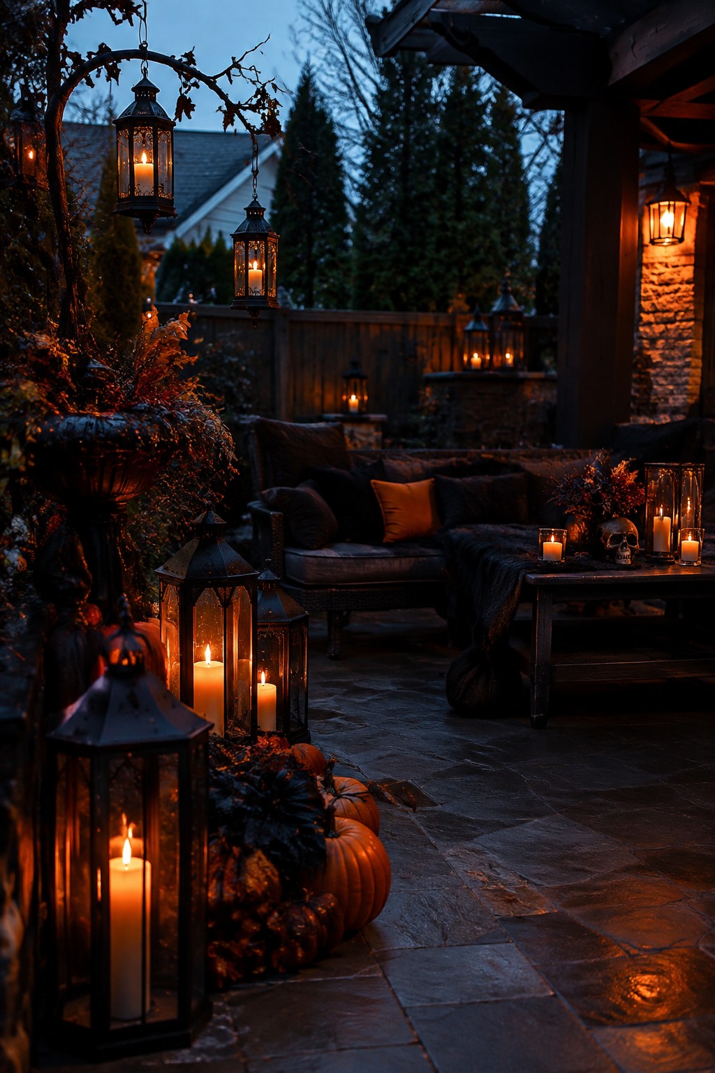 Outdoor patio at dusk with multiple black metal lanterns holding lit candles, some hanging from a branch and others placed on the ground and table near pumpkins and a skull.
