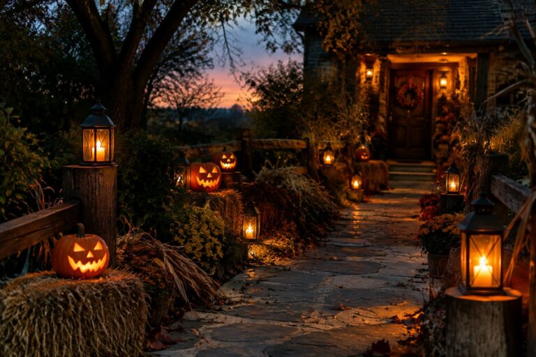 15 Striking Outdoor Halloween Lantern Ideas for Your Yard Stone walkway lined with glowing black lanterns and carved pumpkins leading toward a house, with ghost figures beside a wooden fence.