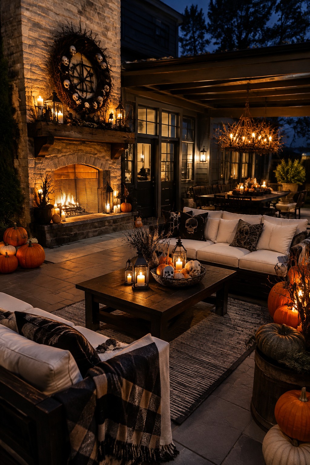 Outdoor patio fireplace mantel lined with glowing lanterns, a skull wreath above, and pumpkins arranged on the hearth and nearby table.