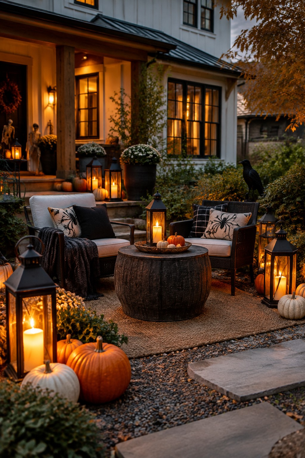 Outdoor patio seating area decorated for Halloween with multiple glowing black lanterns, spider pillows on chairs, pumpkins, and a crow figure.