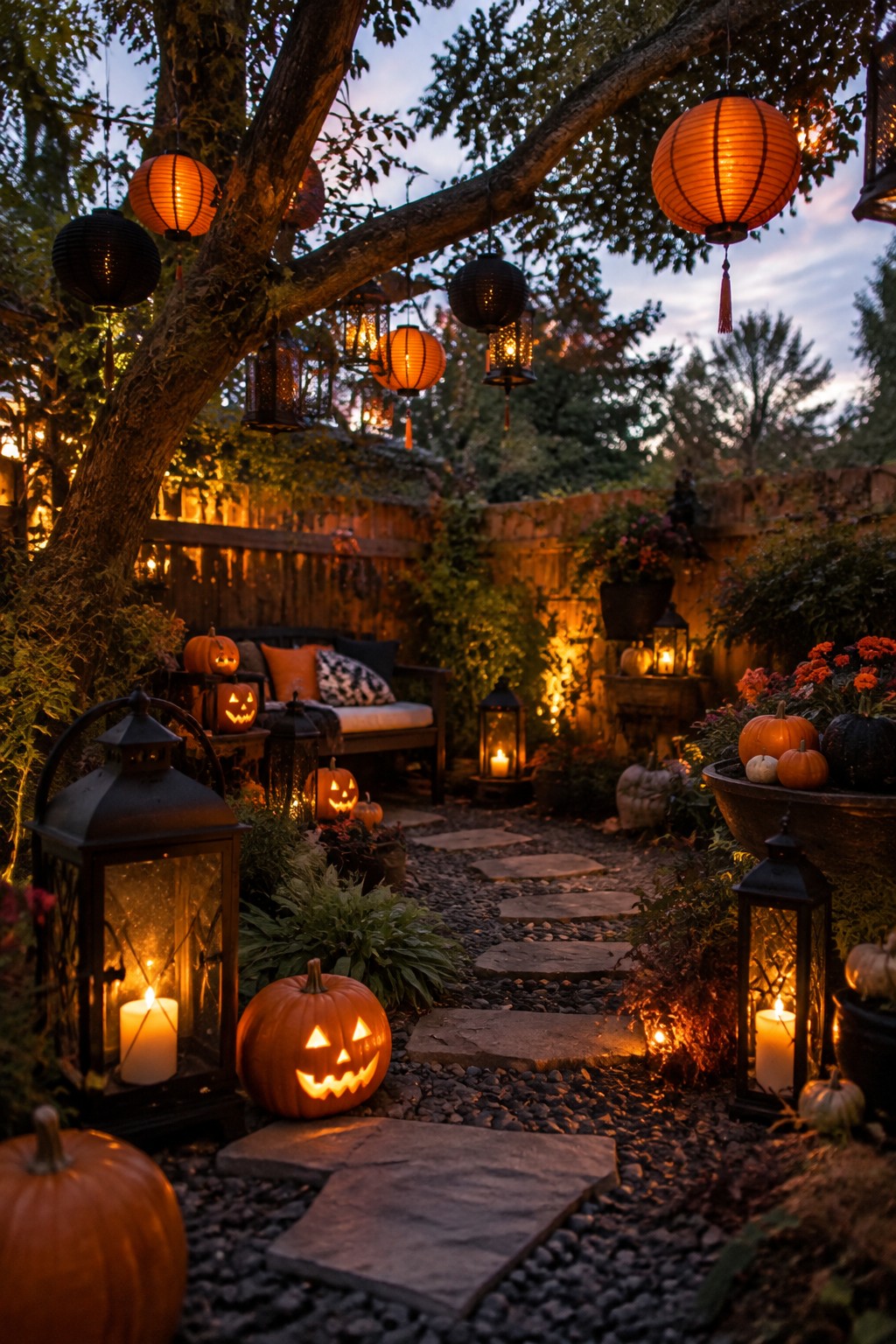Twilight garden with glowing jack-o'-lanterns, hanging lanterns, and stone path
