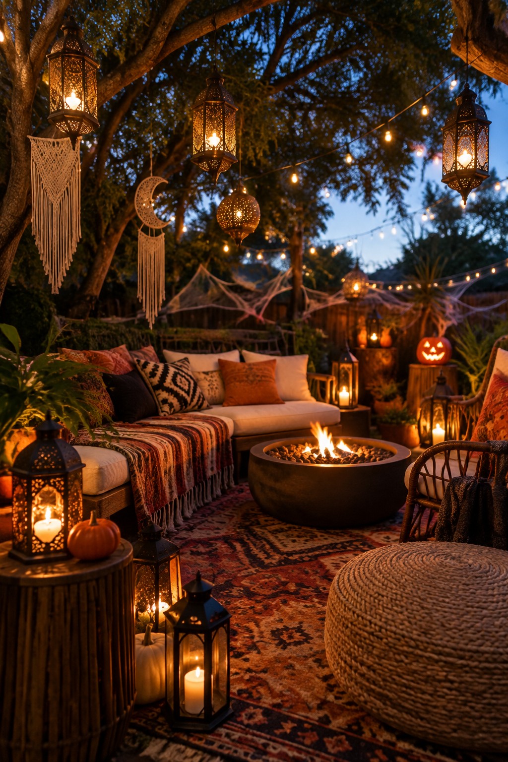 Cozy bohemian patio with fire pit, lanterns, string lights, and Halloween pumpkins