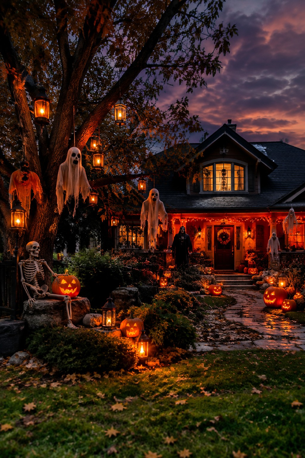 Twilight Halloween yard with hanging ghosts, skeleton, glowing pumpkins, and lanterns by house