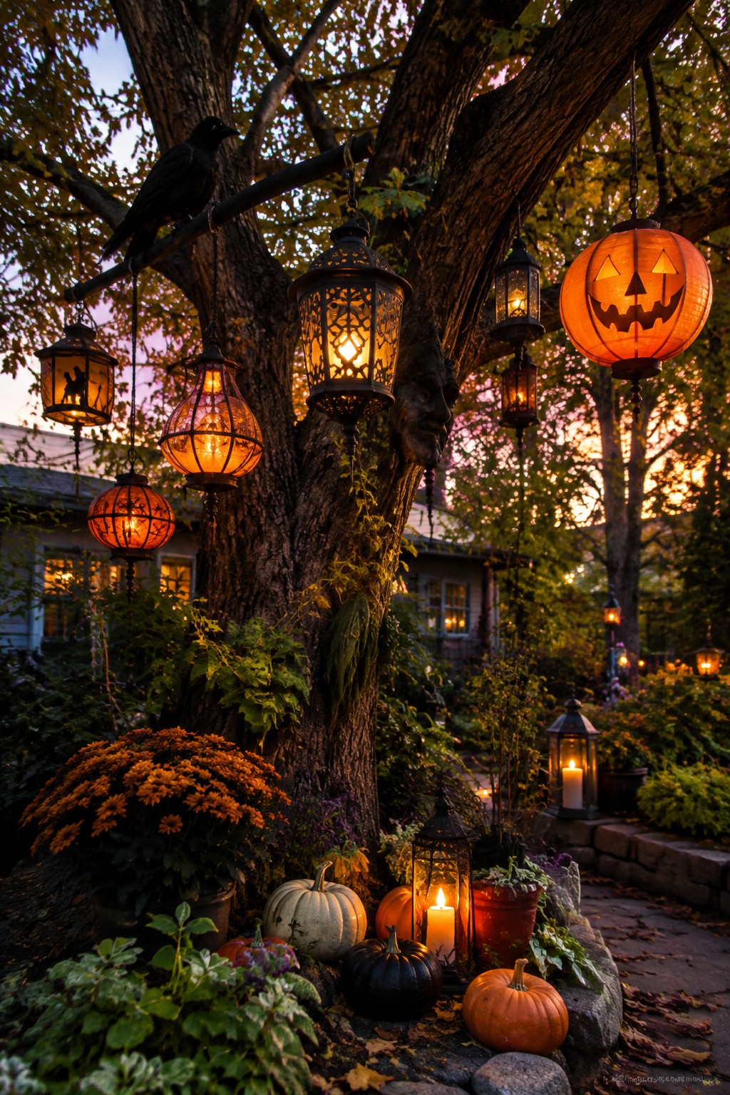 A large tree in a yard with multiple glowing lanterns hanging from the branches and skeletons with pumpkins arranged at the base.