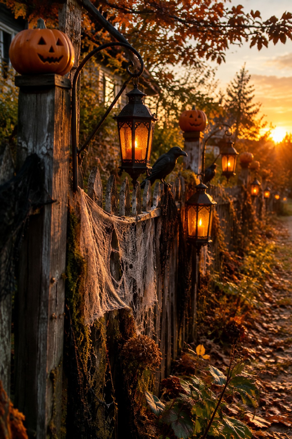 Wooden fence along a yard path lined with glowing black lanterns and carved pumpkins, with crows perched on posts and spiderwebs along the base.