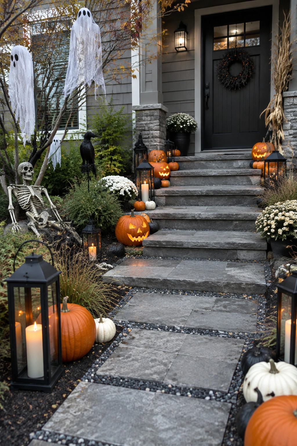Front porch and stone walkway decorated with multiple black lanterns, carved jack-o'-lanterns, hanging ghosts, and a skeleton.