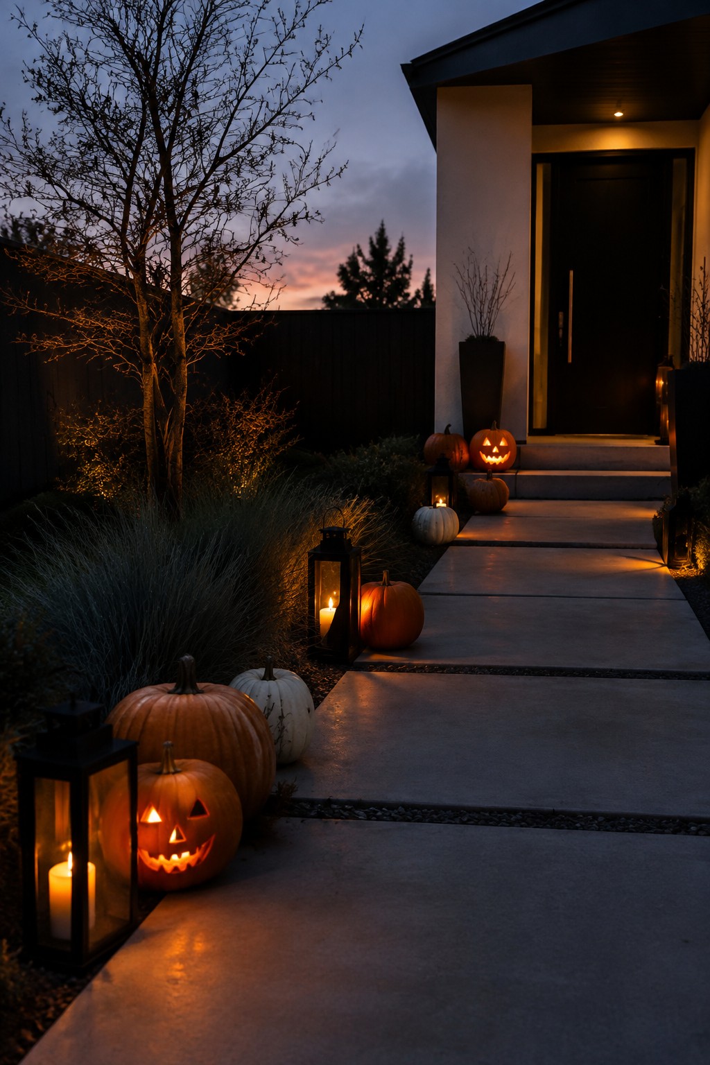 Concrete walkway lined with black lanterns and carved jack o lanterns leading to a front door at dusk.