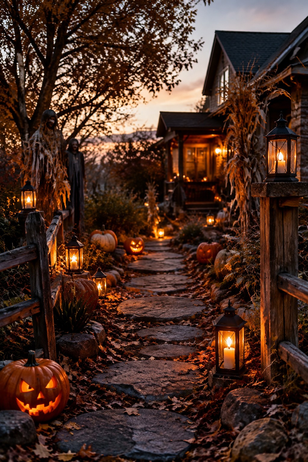 Stone walkway lined with glowing black lanterns and carved pumpkins leading toward a house, with ghost figures beside a wooden fence.