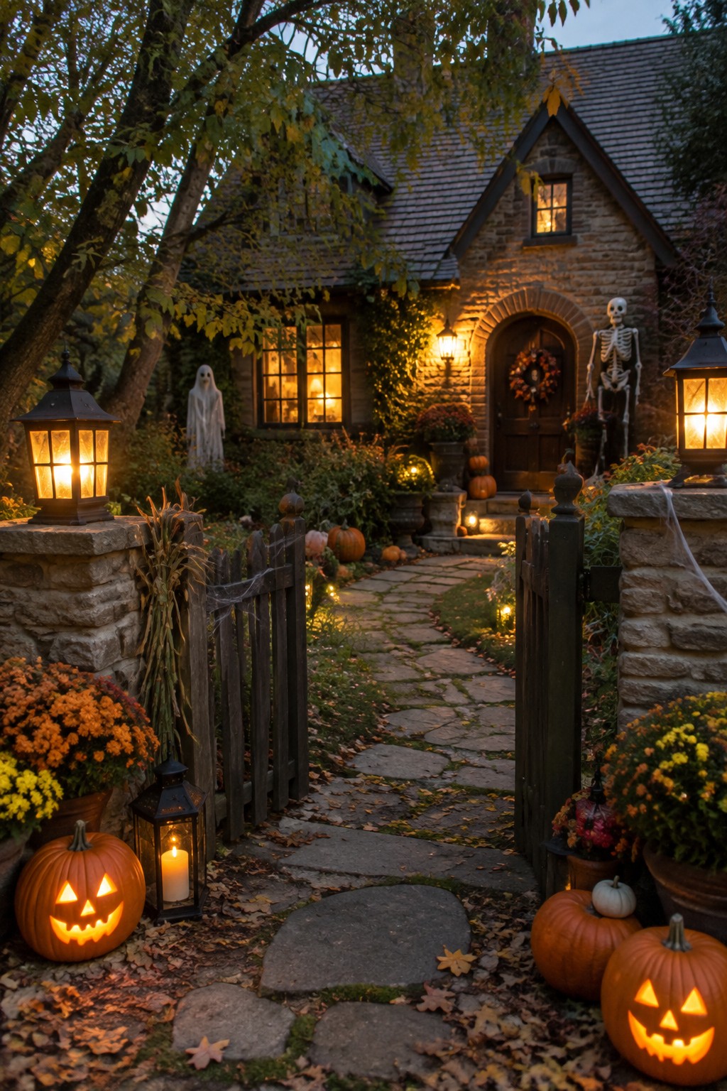 Stone pathway to Halloween-decorated house with pumpkins, skeleton, ghost, and glowing lanterns.