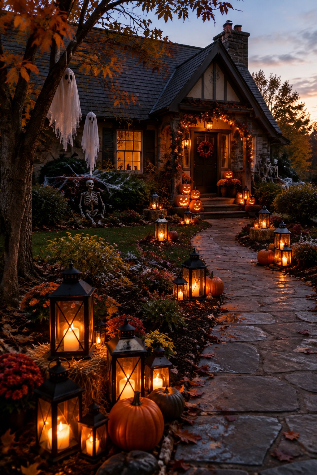 Halloween-decorated cottage with glowing pumpkins, lanterns, and skeletons along a twilight path.
