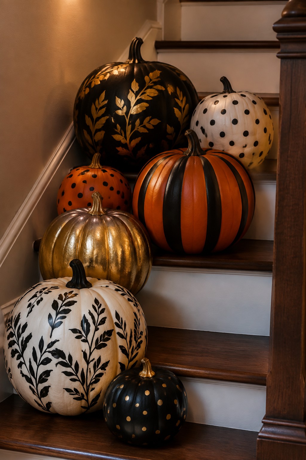 Staircase lined with pumpkins painted in gold leaf, black and gold dots, orange and black stripes, and similar bold patterns.