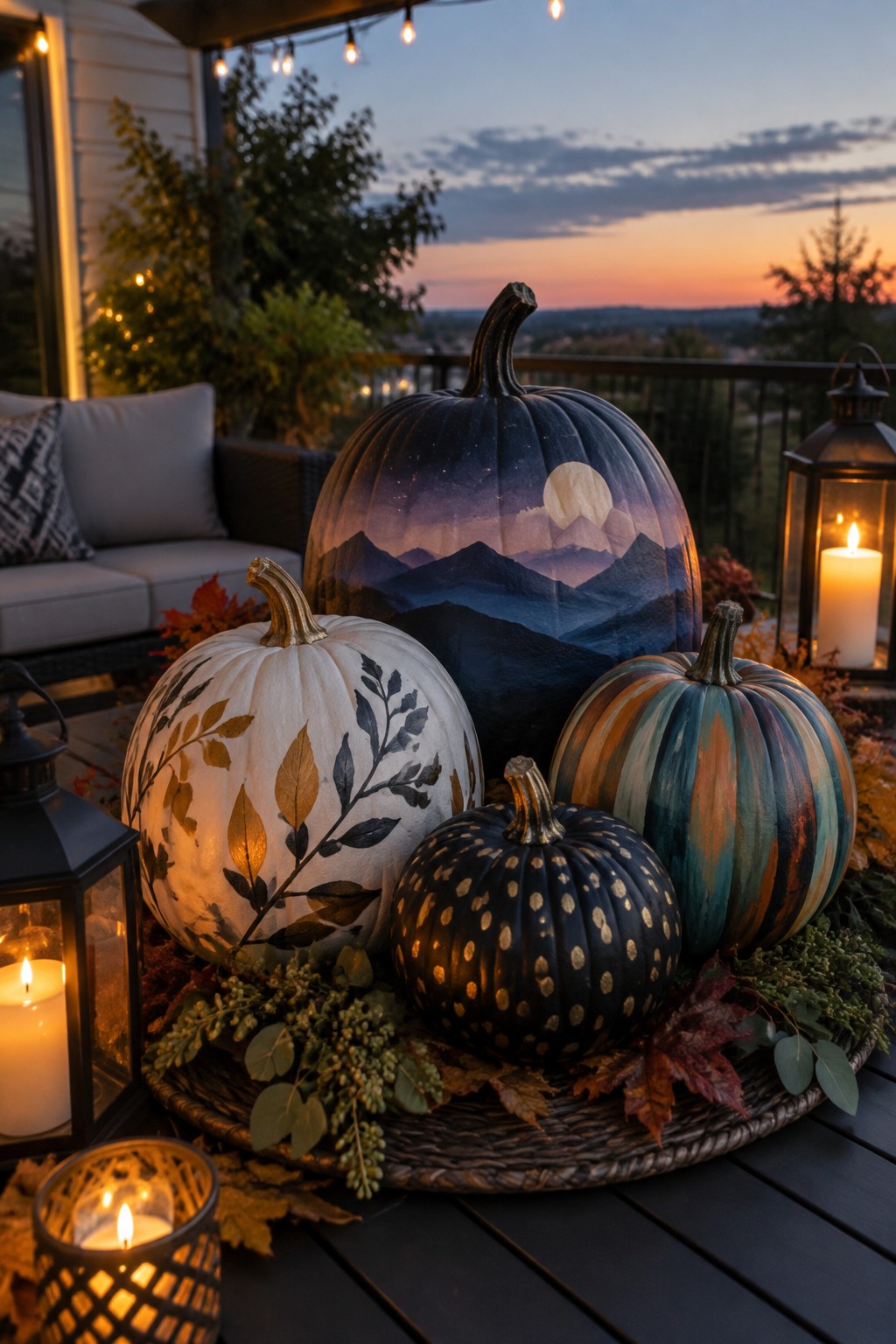 Painted pumpkins on tray with glowing lanterns amid autumn leaves on deck at dusk