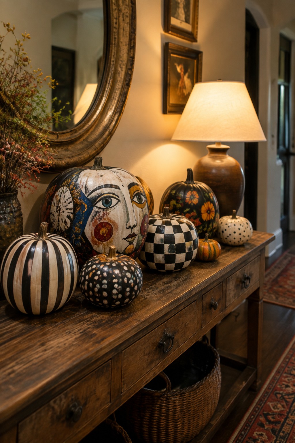 Artistic painted pumpkins arranged on rustic wooden console table with lamp