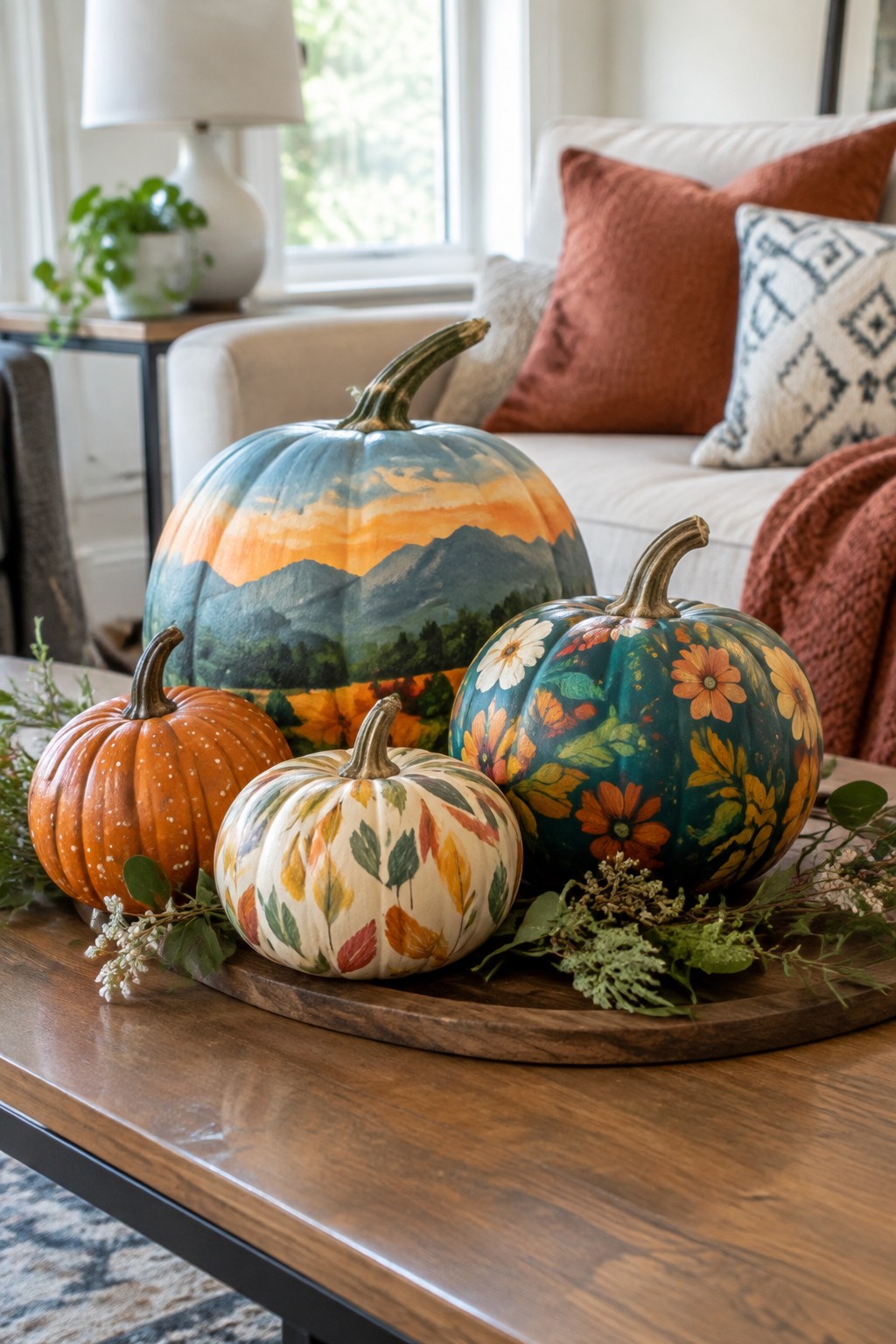 Three artistically painted pumpkins arranged on a wooden tray on a coffee table, featuring a mountain landscape, floral motifs, and autumn leaves.