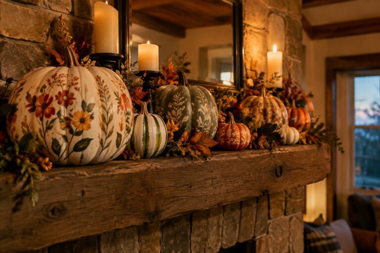 16 Bold Painted Pumpkin Ideas for a Unique Look Assorted decorated pumpkins and lit candles on wooden mantel over stone fireplace