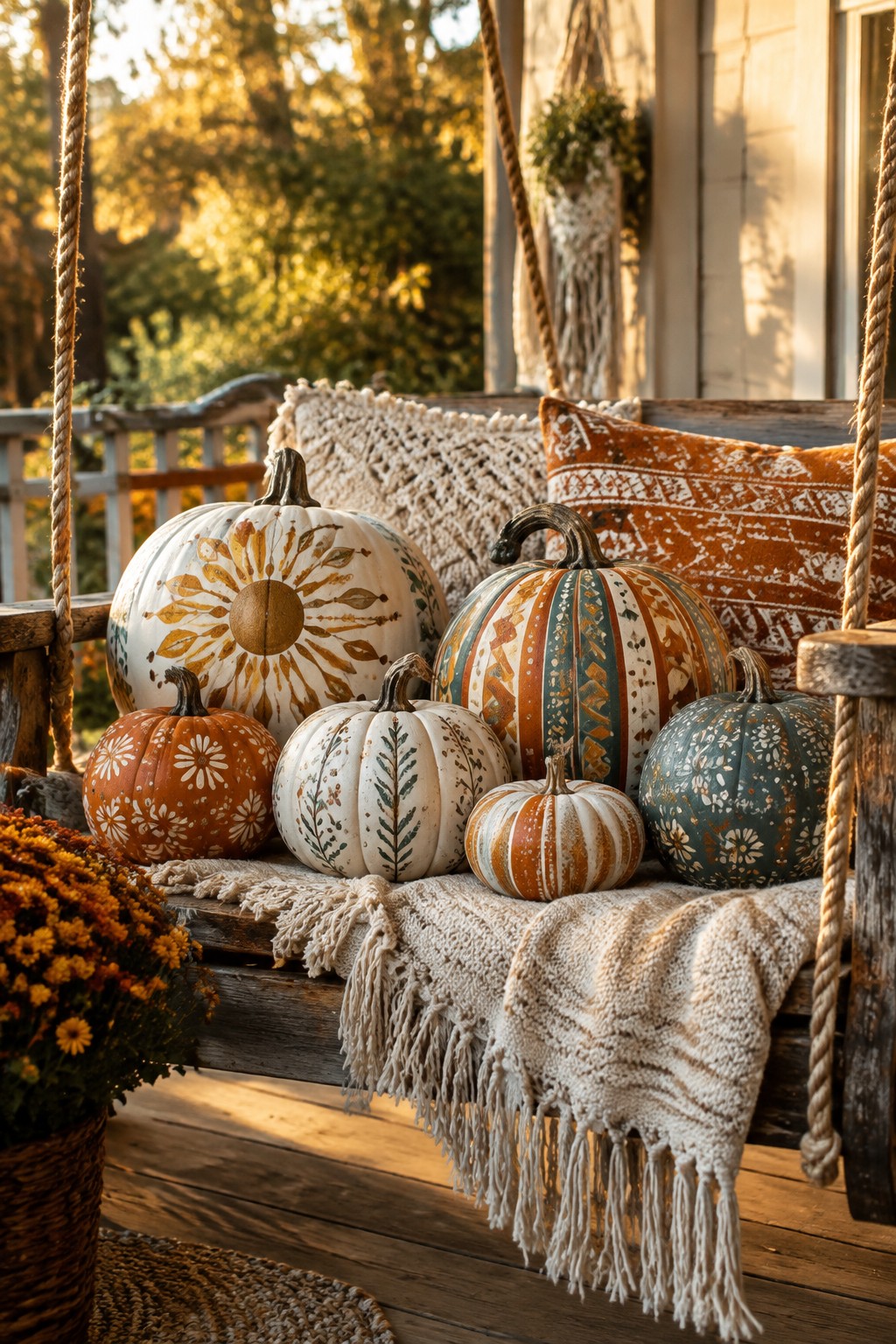 Assorted painted pumpkins on wooden porch swing with blanket and pillow