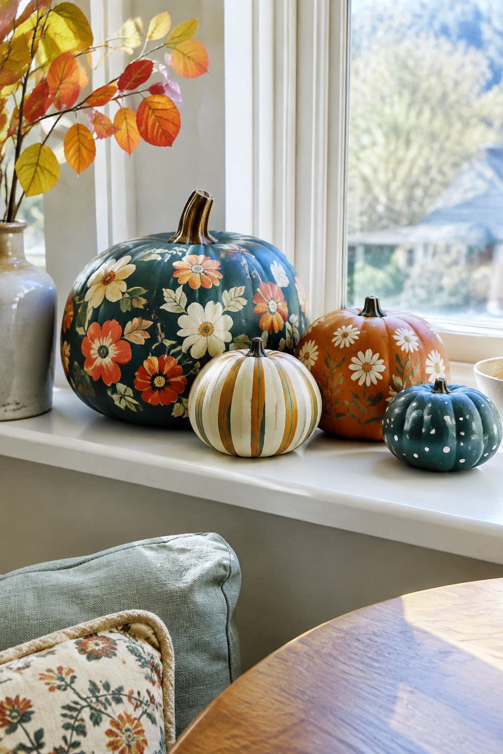 A row of pumpkins painted with floral patterns, stripes, and dots sits on a white windowsill beside a vase of autumn leaves.