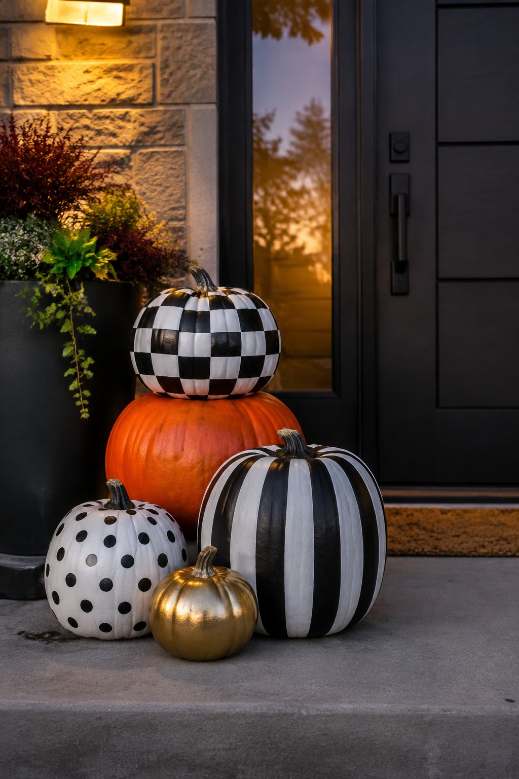 Painted pumpkins with checkerboard, striped, polka dot, and metallic finishes grouped on concrete steps beside a black front door.