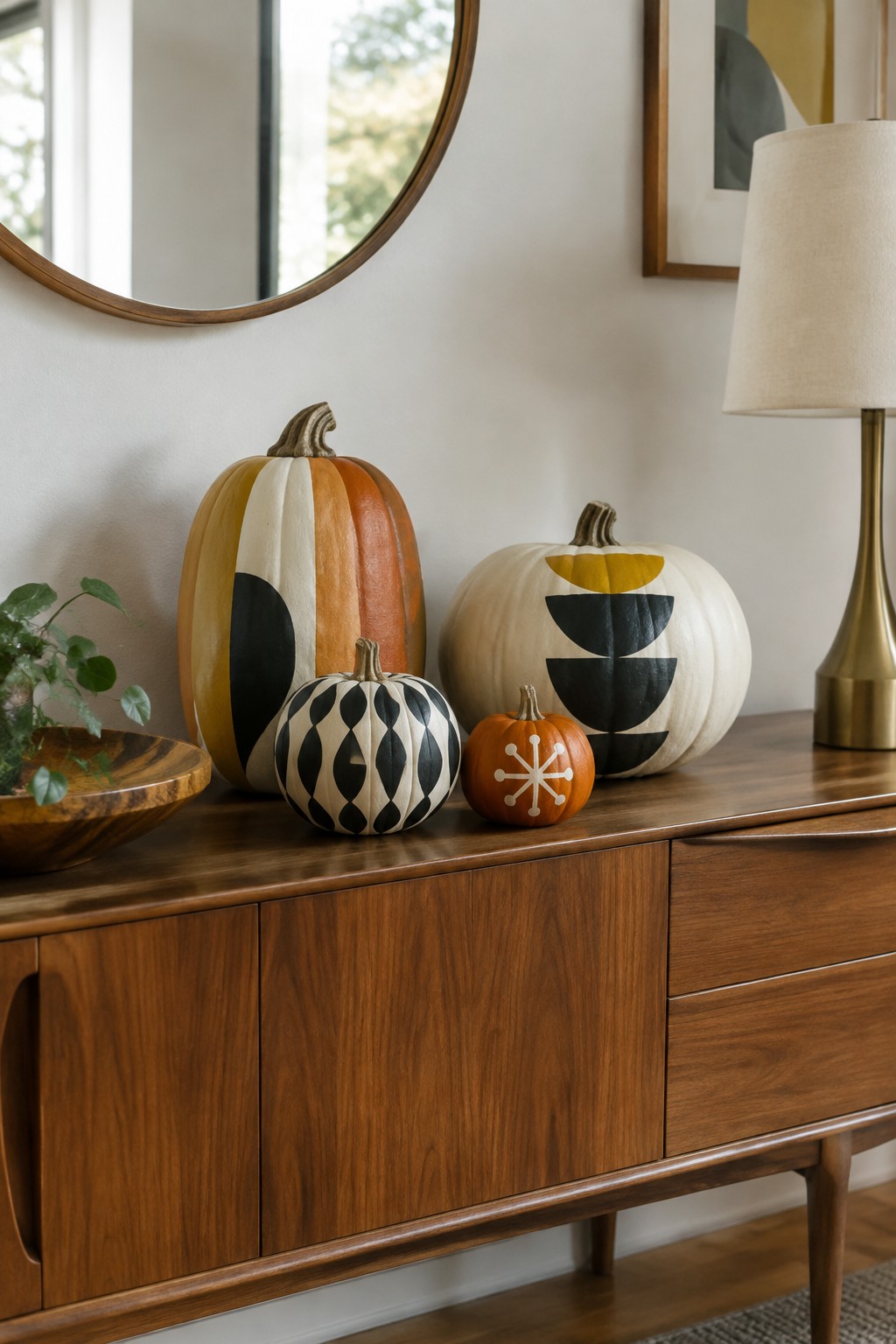 Geometric pumpkins on mid-century wooden credenza with brass lamp and mirror