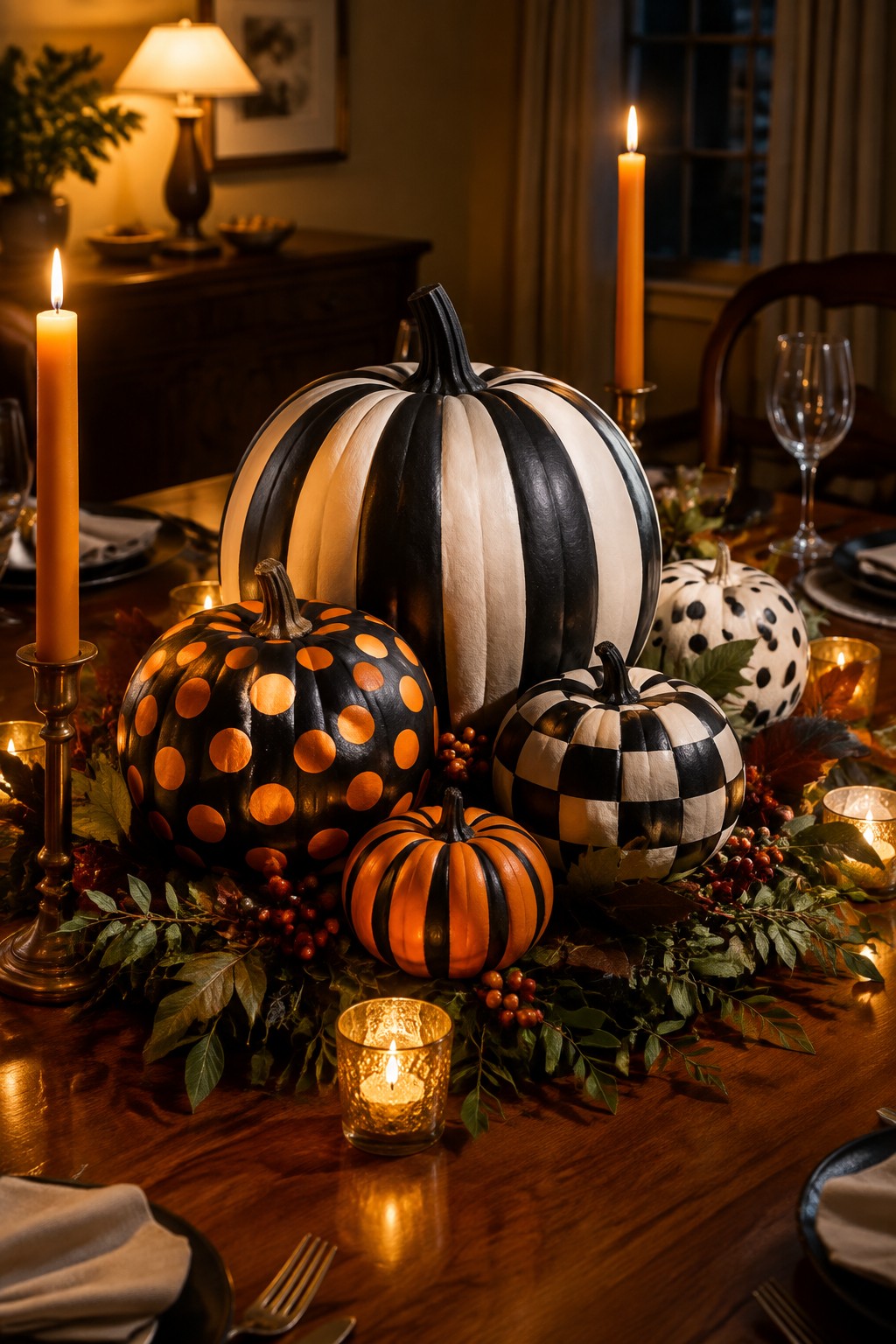 A dining table set with pumpkins painted in black and white stripes, orange polka dots, and checkered patterns, arranged with candles and foliage.