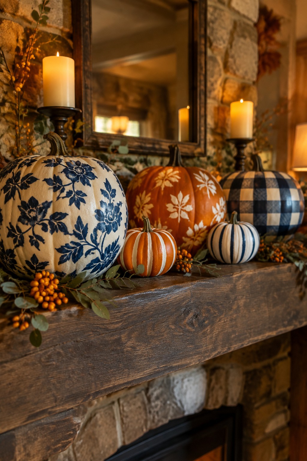 Assorted decorated pumpkins and lit candles on wooden mantel over stone fireplace