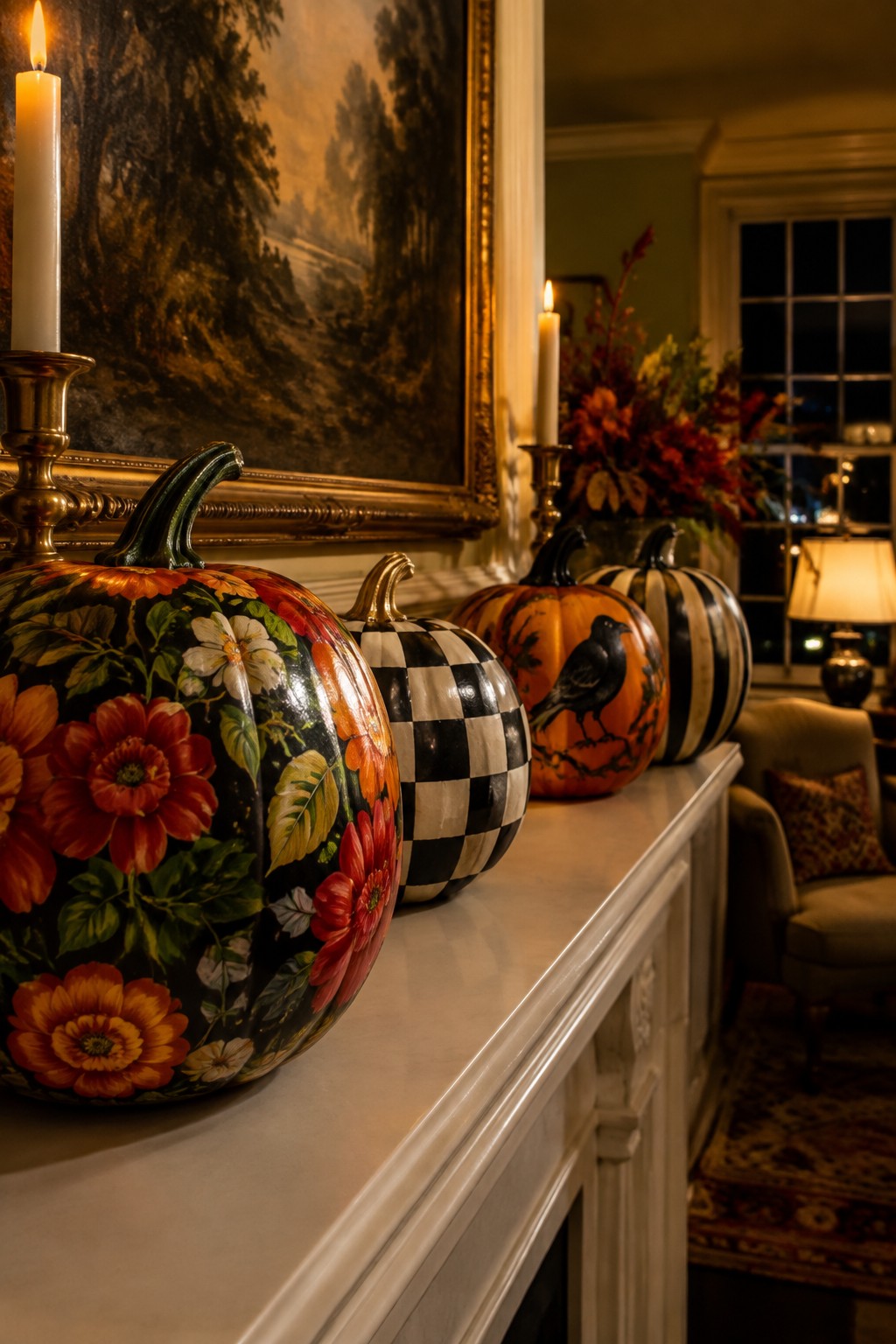 Assorted painted pumpkins in floral, checkered, and bird motifs on a candlelit mantel
