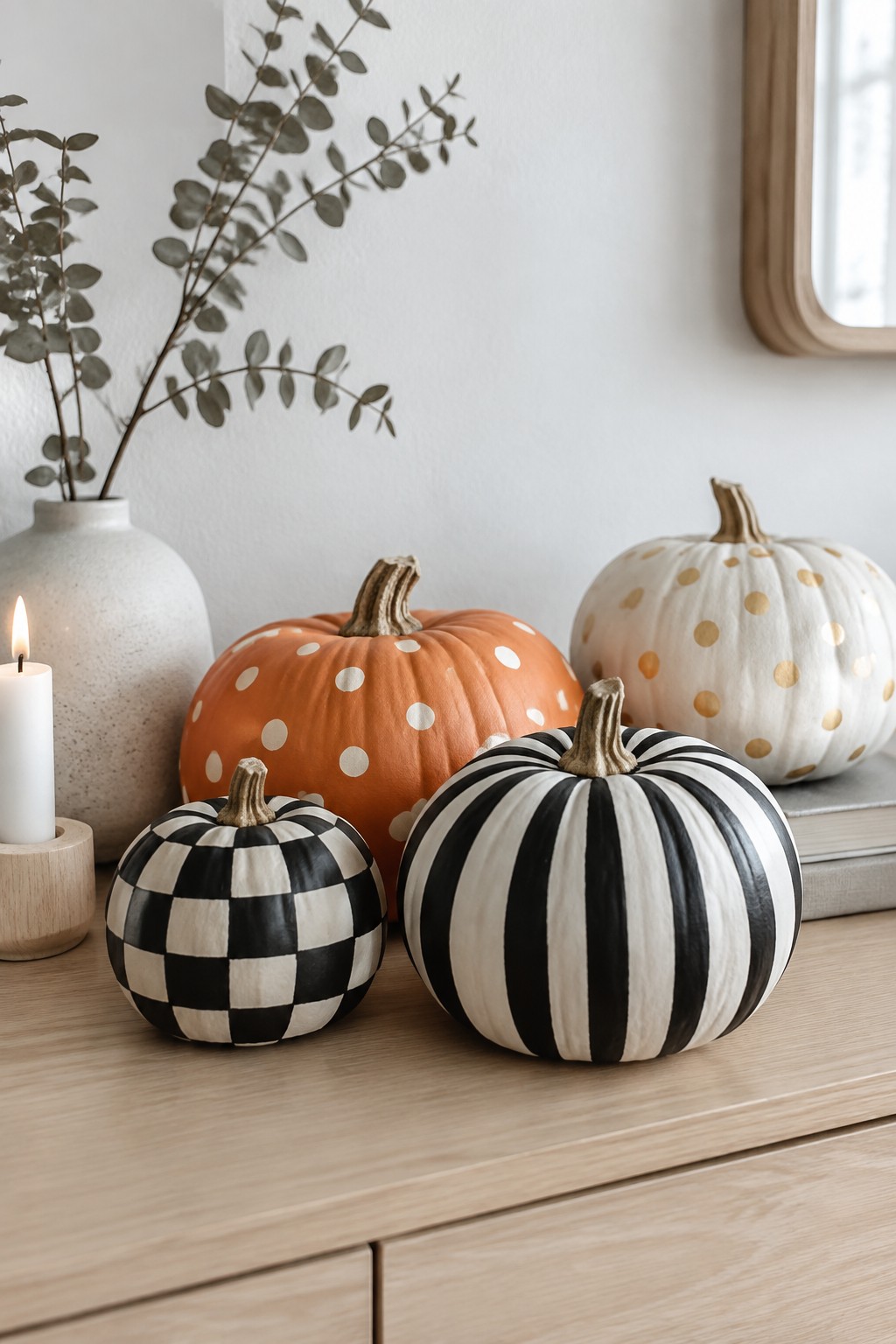 Patterned pumpkins in black, white, orange, and gold beside lit candle and vase