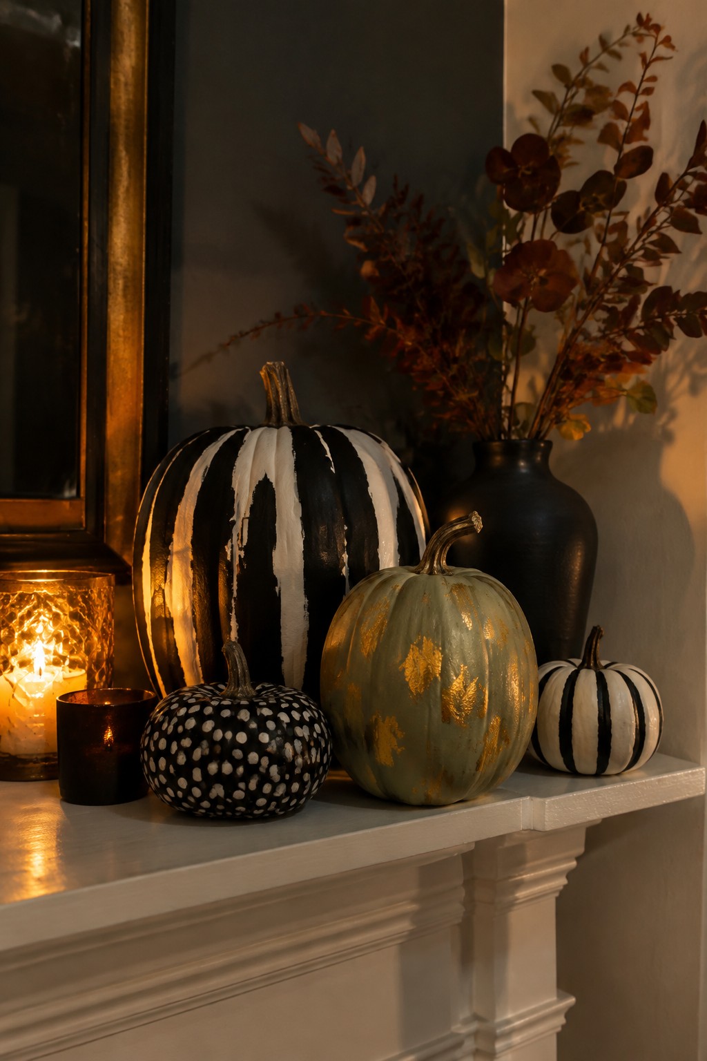 White mantel displaying several pumpkins painted in black and white stripes, black and white dots, and green with gold accents.