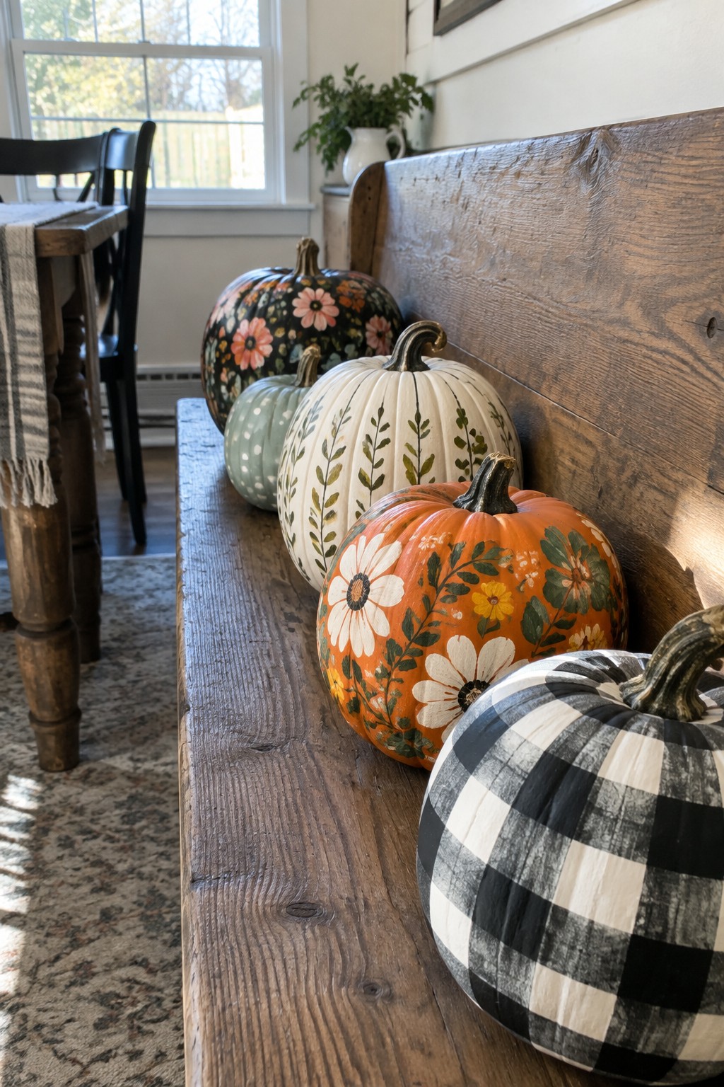A wooden bench lined with pumpkins painted in bold floral patterns, including orange with white daisies, white with green leaves, and black and white check.