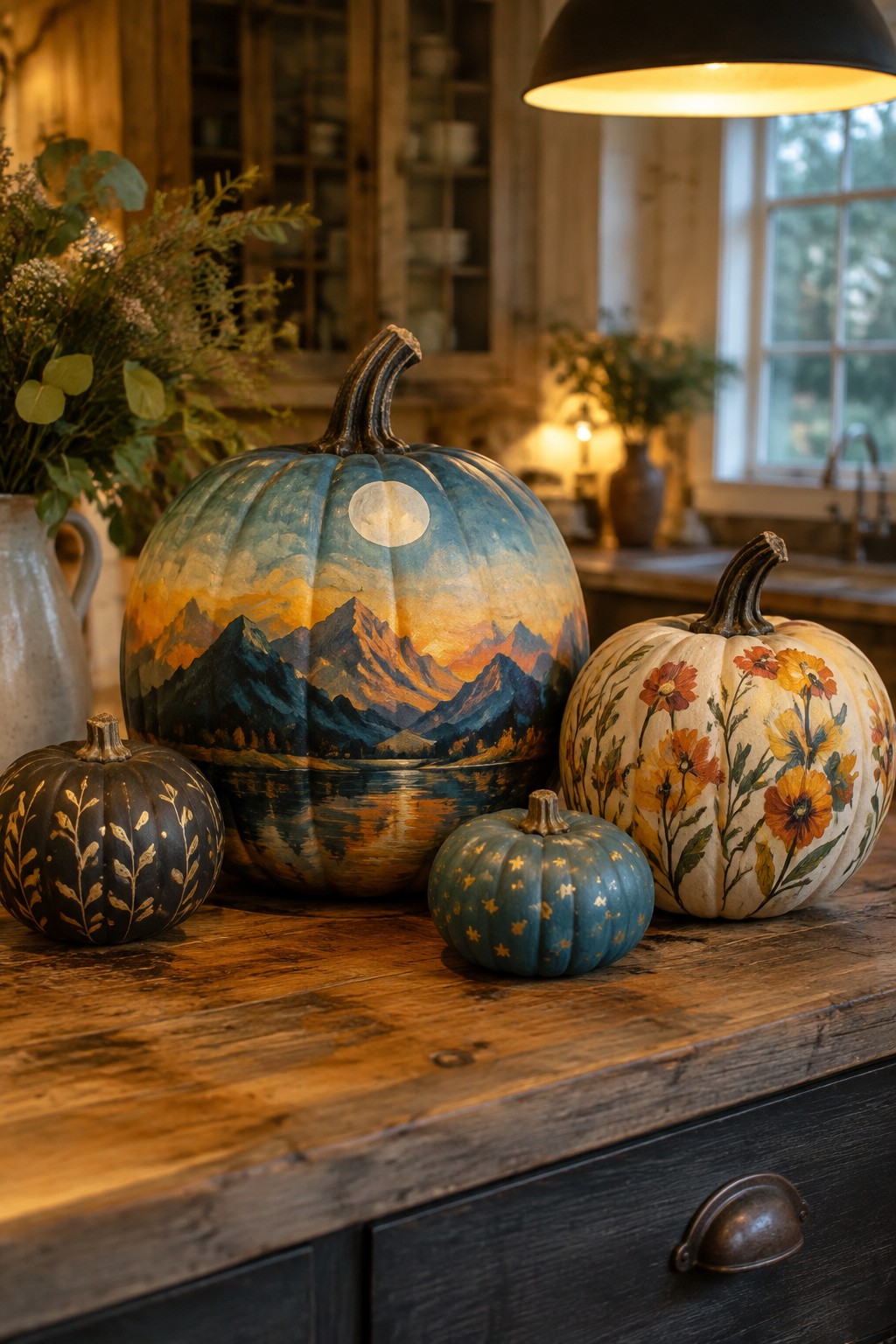 Four painted pumpkins with mountain, floral, and star designs on wooden table.