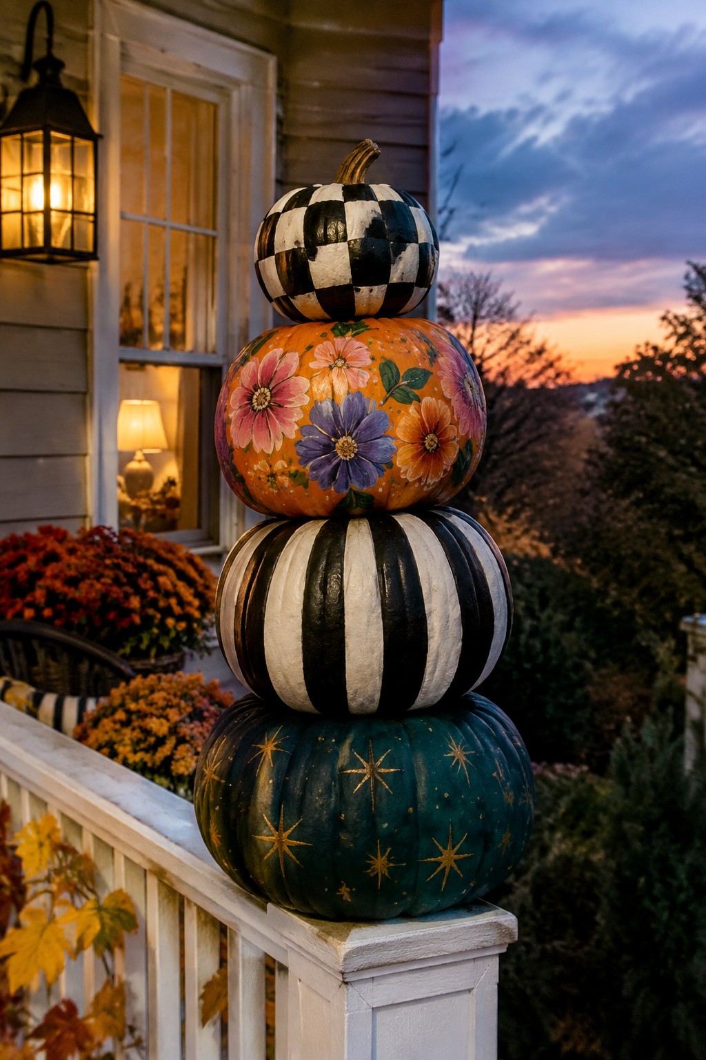 Four stacked pumpkins with bold painted patterns sit on a white porch post at dusk.