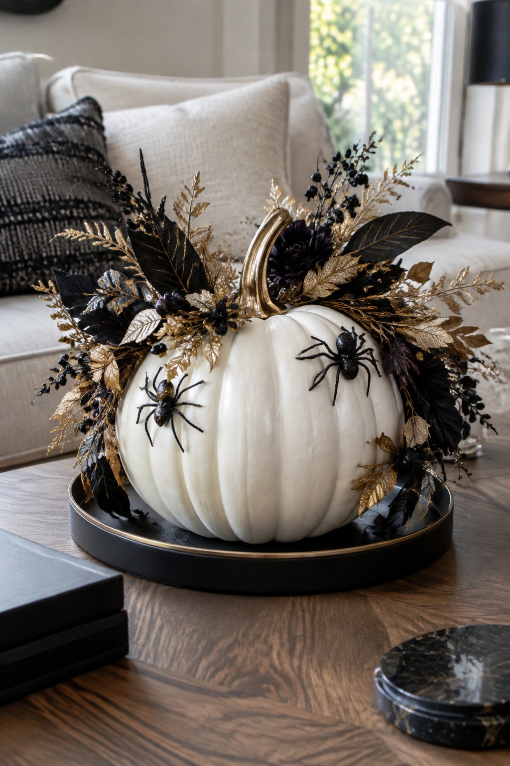 White pumpkin with black spiders and gold-black foliage on wooden table tray