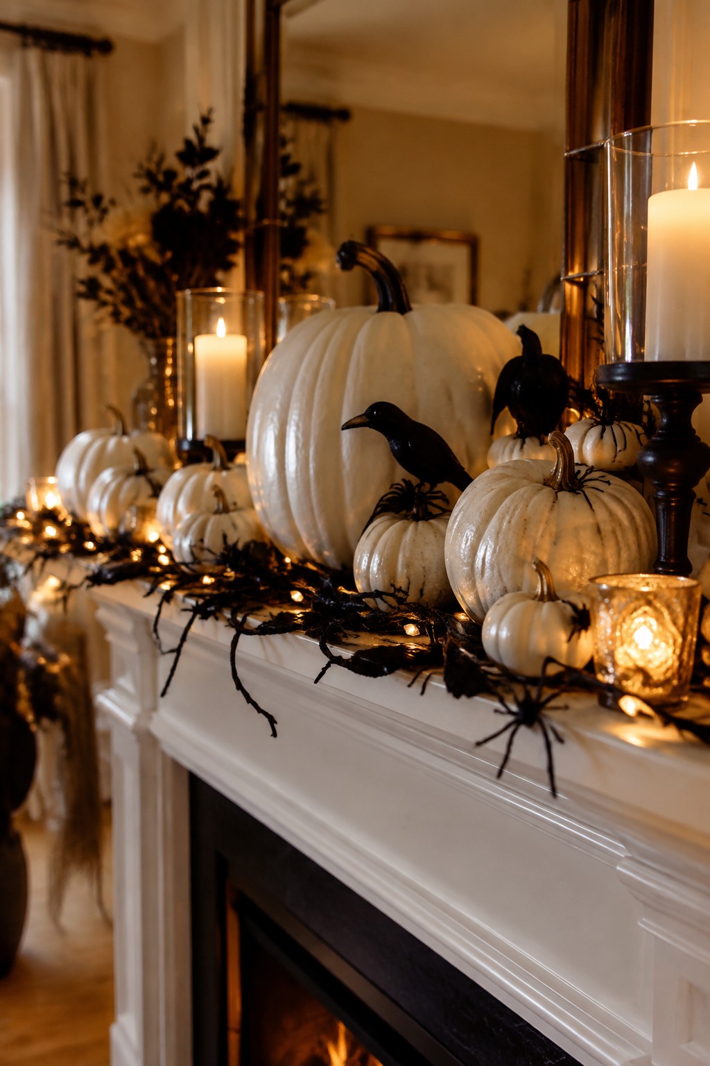 White fireplace mantel decorated with white pumpkins of different sizes, black crows, spiders, and string lights for Halloween.