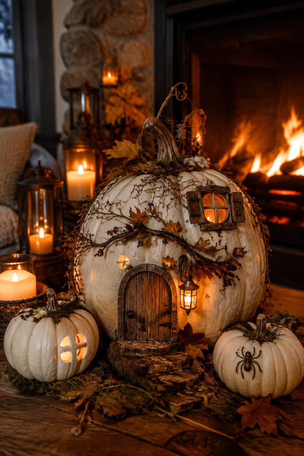 White pumpkin fairy house with wooden door, lit windows, candles, and autumn decor by fireplace