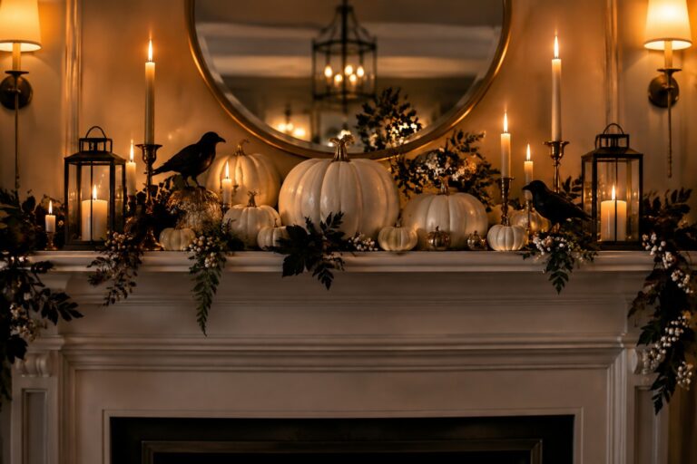16 Elegant White Pumpkin Painting Ideas You’ll Want to Try White fireplace mantel decorated with white pumpkins of different sizes, black crows, spiders, and string lights for Halloween.