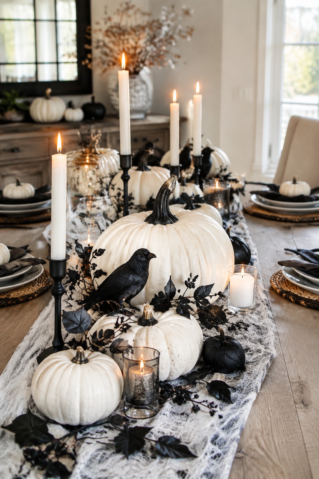 Long dining table set with white pumpkins, black crows, candles, and a white spiderweb runner for Halloween.