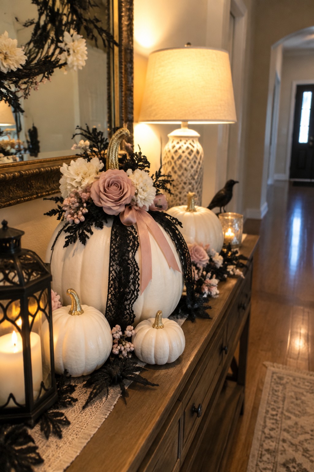 A wooden console table in an entryway displays several white painted pumpkins with black lace, ribbon, and floral accents alongside candles and a small black bird figure.