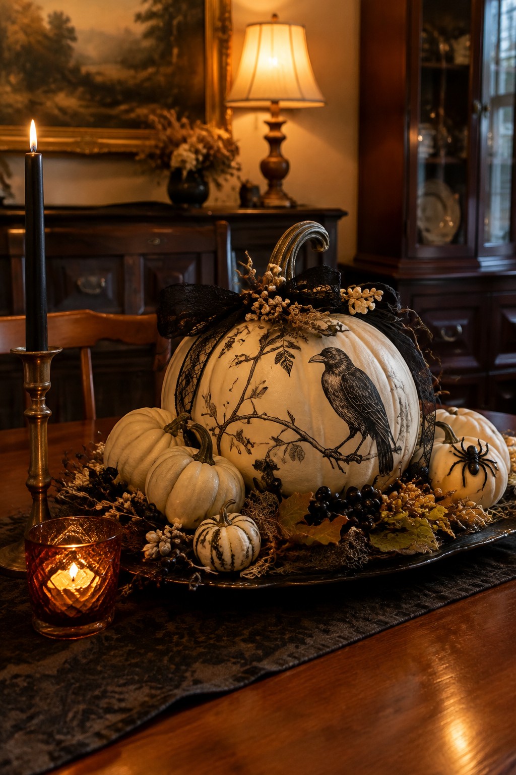 A large white pumpkin with a painted black crow on a branch sits on a dark tray surrounded by smaller white pumpkins, black lace, and a small spider accent.